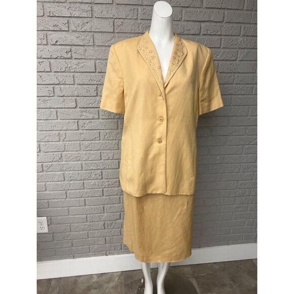 Travis Ayers Women Linen Blend Embroidered Eyelet Neckline Skirt Suit Size 16 - Picture 1 of 11